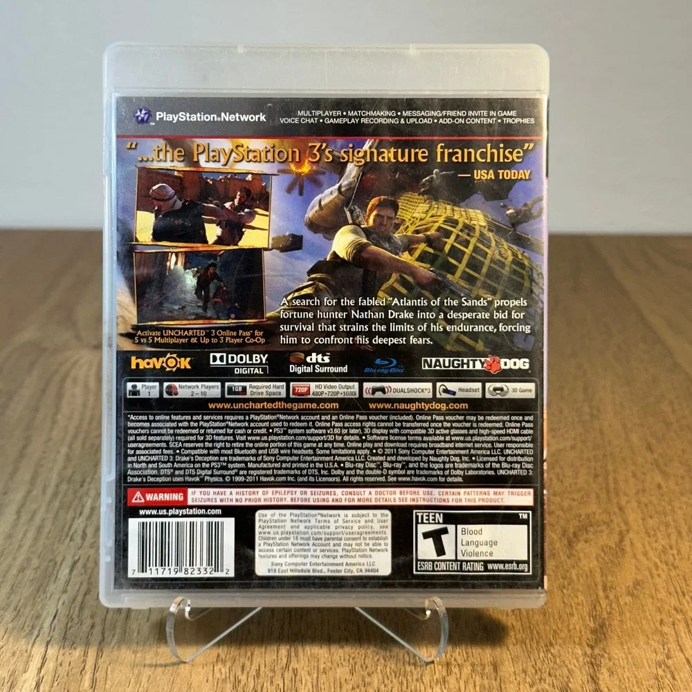 Sony Uncharted 3 Drakes Deception PS3 Game Good Action Adventure 3D Compatible